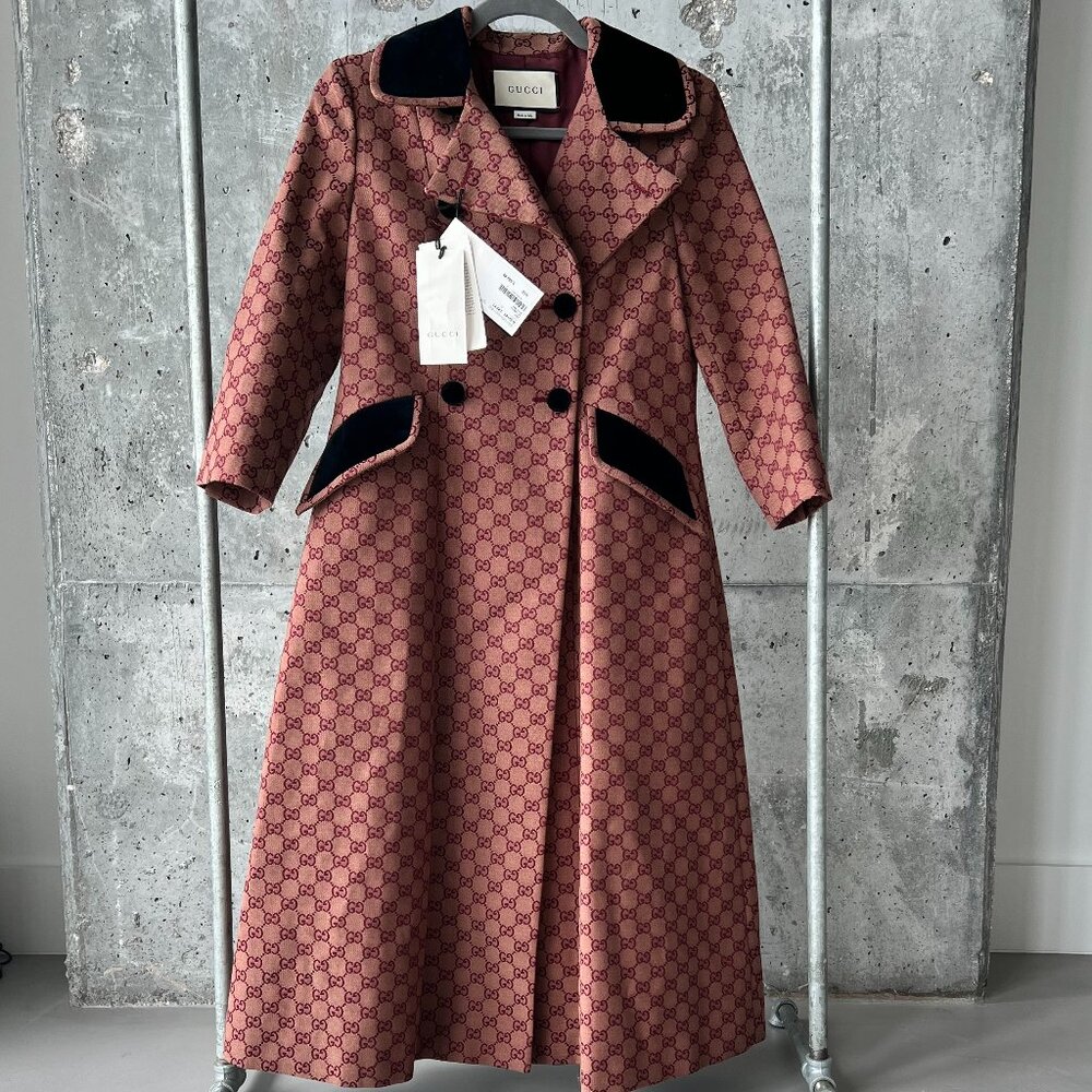 Gucci Burgundy GG Canvas Double Breasted Coat - NWT Size 40